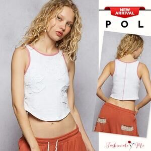 POL Crew Neckline Embroidered Detail Pink Contrast Trim Cropped Tank Top | White